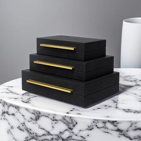Faux Shagreen Leather Jewelry Boxes Set of 2 with Gold Handles, Decorative Organizer Storage Box for Rings, Earrings, Watches, Dresser, Vanity, Stackable, Black in Kuwait