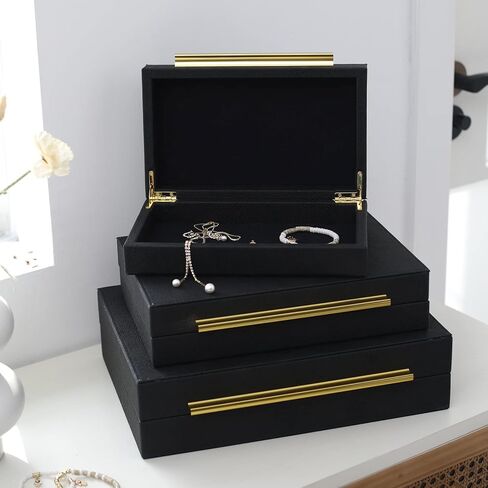 Faux Shagreen Leather Jewelry Boxes Set of 2 with Gold Handles, Decorative Organizer Storage Box for Rings, Earrings, Watches, Dresser, Vanity, Stackable, Black in Kuwait