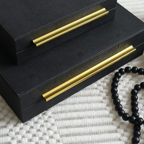 Faux Shagreen Leather Jewelry Boxes Set of 2 with Gold Handles, Decorative Organizer Storage Box for Rings, Earrings, Watches, Dresser, Vanity, Stackable, Black in Kuwait
