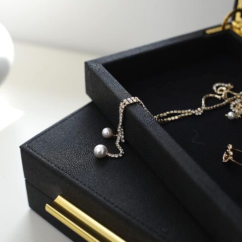 Faux Shagreen Leather Jewelry Boxes Set of 2 with Gold Handles, Decorative Organizer Storage Box for Rings, Earrings, Watches, Dresser, Vanity, Stackable, Black in Kuwait