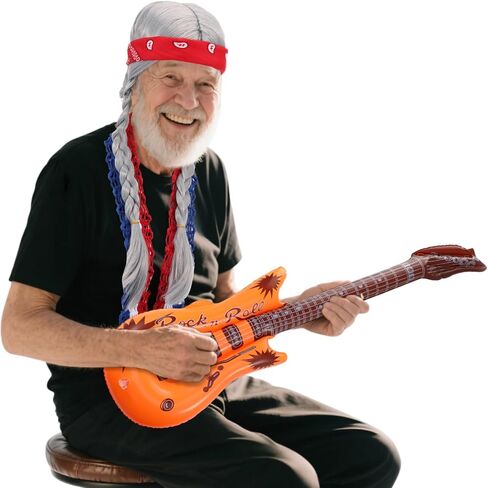 5 Pcs Halloween Country Singer Costume Silver Grey Braided Wig with Bandana Red White and Blue Shoulder Strap Inflatable Guitar Beard for Adult Man Halloween Traditional Music Costume in Saudi Arabia