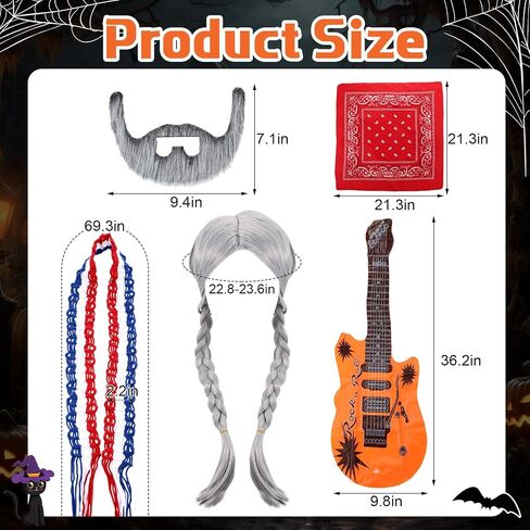 5 Pcs Halloween Country Singer Costume Silver Grey Braided Wig with Bandana Red White and Blue Shoulder Strap Inflatable Guitar Beard for Adult Man Halloween Traditional Music Costume in Saudi Arabia