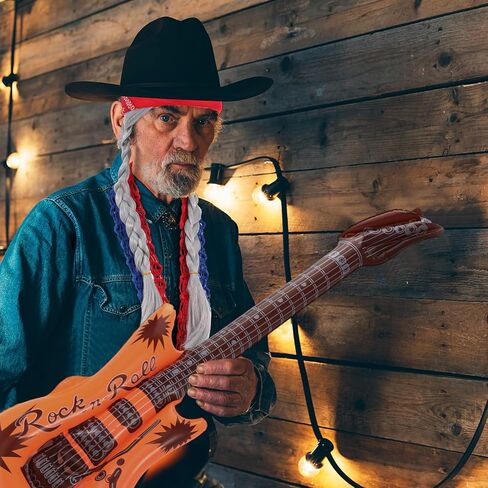 5 Pcs Halloween Country Singer Costume Silver Grey Braided Wig with Bandana Red White and Blue Shoulder Strap Inflatable Guitar Beard for Adult Man Halloween Traditional Music Costume in Saudi Arabia