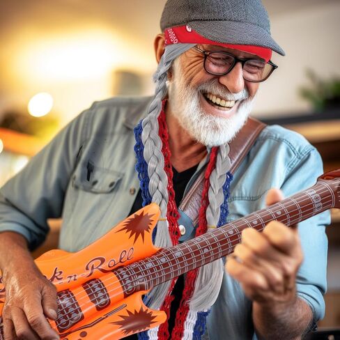 5 Pcs Halloween Country Singer Costume Silver Grey Braided Wig with Bandana Red White and Blue Shoulder Strap Inflatable Guitar Beard for Adult Man Halloween Traditional Music Costume in Saudi Arabia