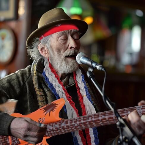 5 Pcs Halloween Country Singer Costume Silver Grey Braided Wig with Bandana Red White and Blue Shoulder Strap Inflatable Guitar Beard for Adult Man Halloween Traditional Music Costume in Saudi Arabia