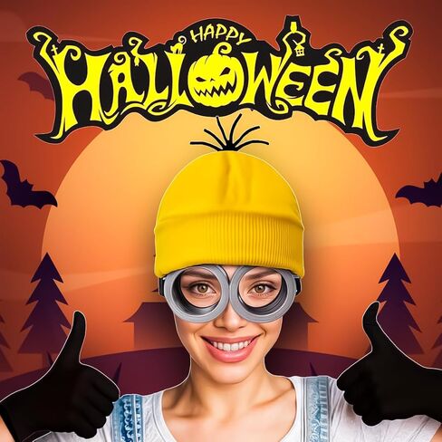 3 Pcs Halloween Costumes Adults & Kids Accessories, Adjustable Goggles Cosplay, Yellow Hat Beanie and Black Gloves for Women, Men, Halloween Party Set in Kuwait