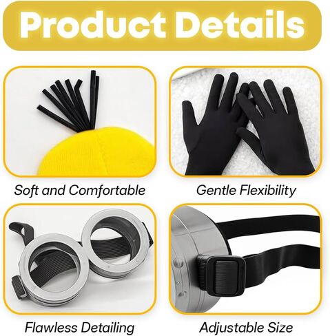 3 Pcs Halloween Costumes Adults & Kids Accessories, Adjustable Goggles Cosplay, Yellow Hat Beanie and Black Gloves for Women, Men, Halloween Party Set in Kuwait