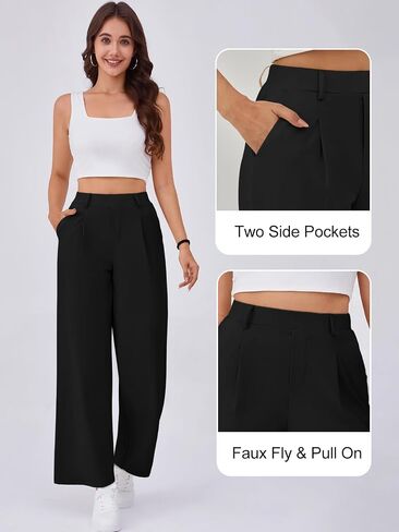 Gracyoga Wide Leg Pants for Women Stretchy Pull On Work Pants High Waisted Business Casual Trousers Slacks with Pockets in Saudi Arabia