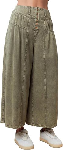 Hey Sweetie Women's Solid Twill Wide Leg Pants – High Waist Relaxed Fit Cotton Trousers with Front Pleats and Button Detail in Saudi Arabia