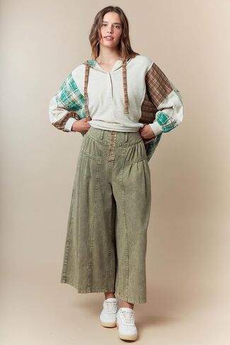 Hey Sweetie Women's Solid Twill Wide Leg Pants – High Waist Relaxed Fit Cotton Trousers with Front Pleats and Button Detail in Saudi Arabia