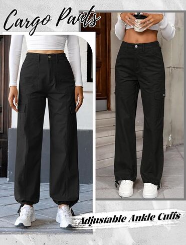 Eddoyee Cargo Pants for Women Drawstring Ankle Cuffs Stretch High Waisted 6 Pockets Straight Wide Leg Jean Casual Baggy Pants in Saudi Arabia