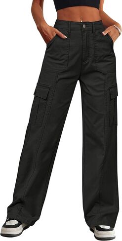 Eddoyee Cargo Pants for Women Drawstring Ankle Cuffs Stretch High Waisted 6 Pockets Straight Wide Leg Jean Casual Baggy Pants in Saudi Arabia