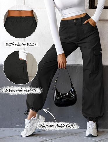 Eddoyee Cargo Pants for Women Drawstring Ankle Cuffs Stretch High Waisted 6 Pockets Straight Wide Leg Jean Casual Baggy Pants in Saudi Arabia