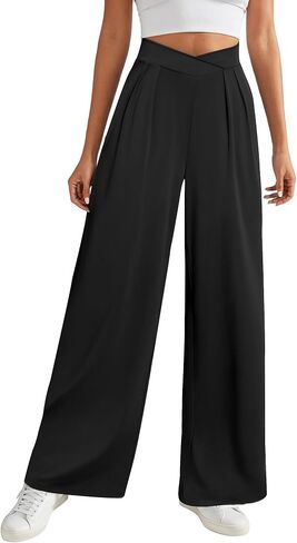 FireSwan Womens Wide Leg Work Pants Crossover Pleated Front Casual Slacks Flowy Palazzo Trousers with Pockets in Saudi Arabia