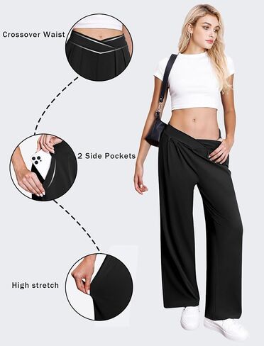 FireSwan Womens Wide Leg Work Pants Crossover Pleated Front Casual Slacks Flowy Palazzo Trousers with Pockets in Saudi Arabia