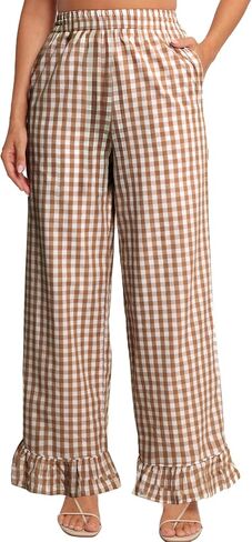 COZYPOIN Women's Gingham Pants Cotton Plaid Ruffle Hem Lounge Boxer Pant Y2K Pj Bottoms Casual Wide Leg Trousers with Pockets in Kuwait