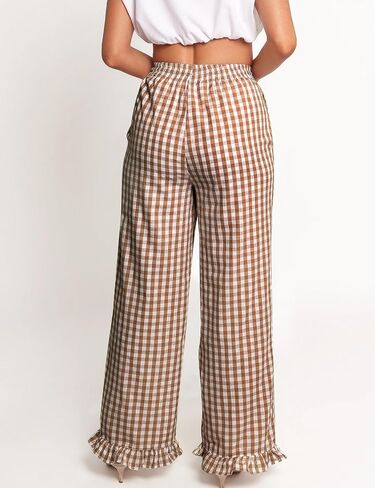 COZYPOIN Women's Gingham Pants Cotton Plaid Ruffle Hem Lounge Boxer Pant Y2K Pj Bottoms Casual Wide Leg Trousers with Pockets in Kuwait