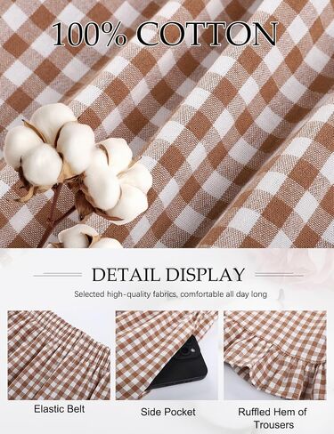 COZYPOIN Women's Gingham Pants Cotton Plaid Ruffle Hem Lounge Boxer Pant Y2K Pj Bottoms Casual Wide Leg Trousers with Pockets in Kuwait