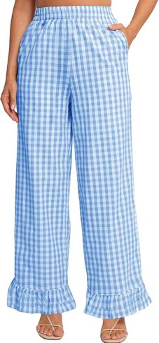 COZYPOIN Women's Gingham Pants Cotton Plaid Ruffle Hem Lounge Boxer Pant Y2K Pj Bottoms Casual Wide Leg Trousers with Pockets in Kuwait