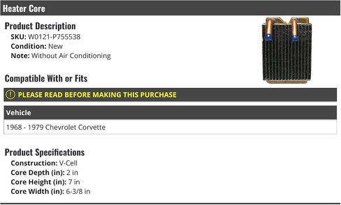 Heater Core - Compatible with 1968-1979 Chevy Corvette (without AC) in Saudi Arabia