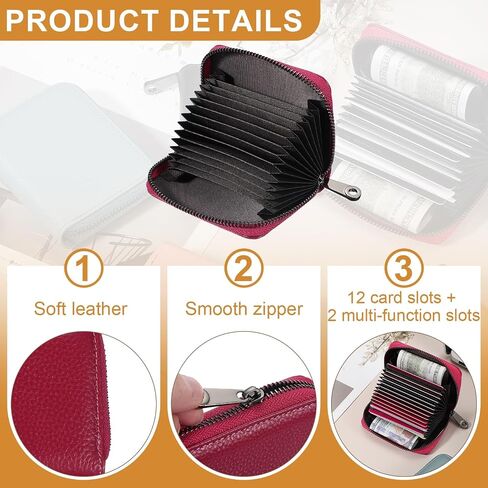 uxcell Leather Credit Card Holder, 14 Slots Small Accordion Zipper Wallet for Women and Men RFID Blocking Secure Organizer with Zipper, MultiFunctional Wallet for ID & Cards (Rose) in Saudi Arabia
