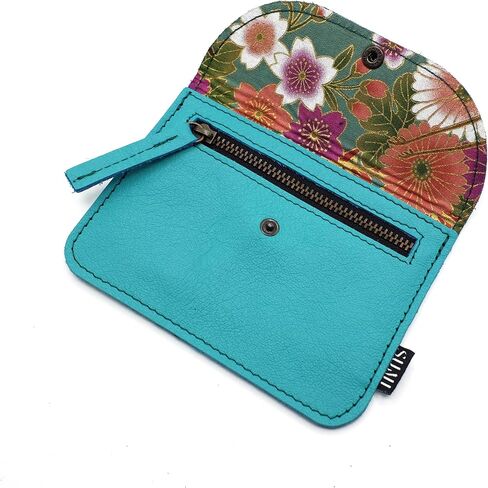 SUMI Japanese Style Leather and Fabric Wallet, Women's Purse with Zipper, Turquoise, S, japanese in Kuwait