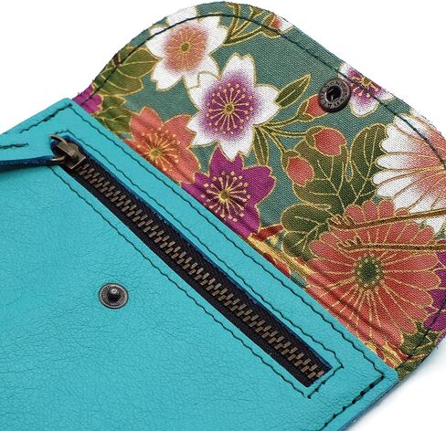 SUMI Japanese Style Leather and Fabric Wallet, Women's Purse with Zipper, Turquoise, S, japanese in Kuwait