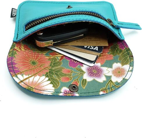 SUMI Japanese Style Leather and Fabric Wallet, Women's Purse with Zipper, Turquoise, S, japanese in Kuwait