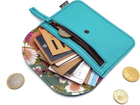 SUMI Japanese Style Leather and Fabric Wallet, Women's Purse with Zipper, Turquoise, S, japanese in Kuwait