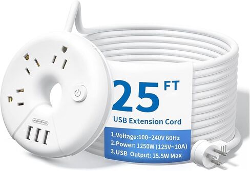 NTONPOWER شريط طاقة أسود بطول 25 قدمًا مع 4 منافذ، ومنفذين USB، وسلك تمديد لسطح المكتب، وحماية من التحميل الزائد، وغطاء ABS + PC مقاوم للحريق in Kuwait