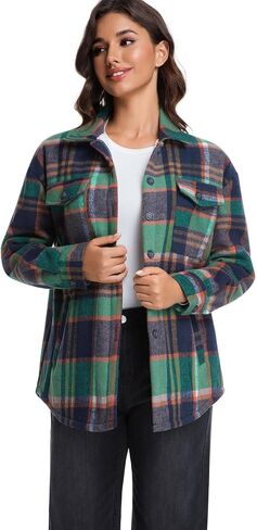 Women's Sherpa Fleece Lined Flannel Shirt Jacket Plaid Button Down Jacket Shacket for Women in Saudi Arabia