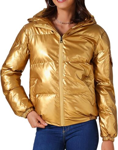 Allegra K Women's Metallic Coats Winter Holographic Shiny Party Puffer Jacket with Hood in Saudi Arabia