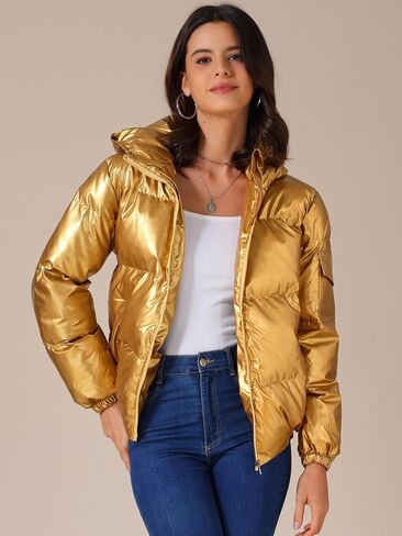 Allegra K Women's Metallic Coats Winter Holographic Shiny Party Puffer Jacket with Hood in Saudi Arabia