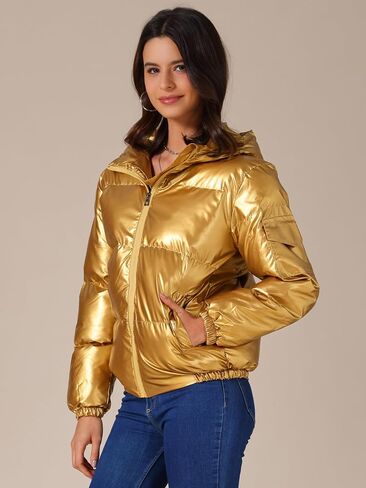 Allegra K Women's Metallic Coats Winter Holographic Shiny Party Puffer Jacket with Hood in Saudi Arabia