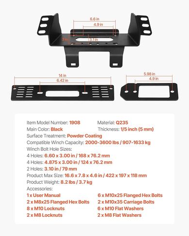 VEVOR Winch Mount, Winch Capacity of 2000-3600 lbs, Trailer Hitch Winch Mount for Select Polaris Ranger Models (2010-2021), 3 Mounting Hole Design, Powder Coated Steel, Fit for Muddy Road Rescue in Saudi Arabia