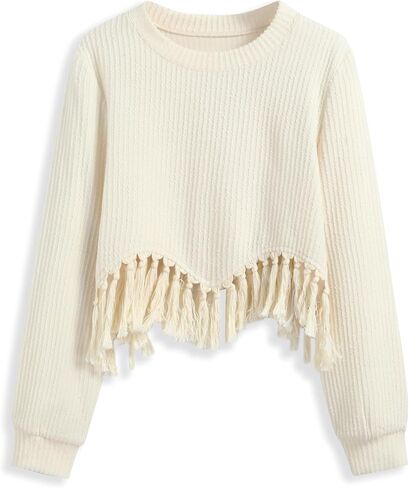 CIDER Sweaters for Women Crew Neck Fringe Long Sleeve Knit Crop Top Pullover Casual Basic Top Women's Long Sleeve in Saudi Arabia