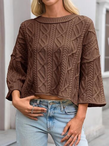 Saodimallsu Womens Cable Contents quentips ugguls vagnes 3/4 crew neck dall dulver dulver stops discal in Saudi Arabia