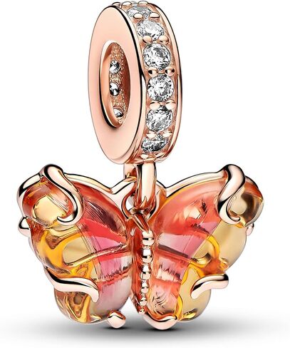 PANDORA Moments Pink & Yellow Murano Glass Butterfly Dangle Charm - 14k Rose Gold-Plated Charm with Cubic Zirconia & Murano Glass - Gift for Her - Includes Gift Box in Saudi Arabia