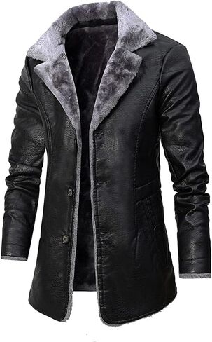 Men's Leather Faux Fur Collar Motorbike Jacket Fleece Sherpa Lined Vintage Steampunk Gothic Retro Winter Warm Coat in Saudi Arabia