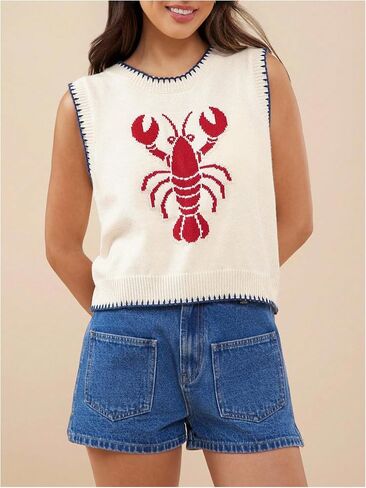 Verdusa Women's Lobster Sweater Vest Y2K Summer Lightweight Sleeveless Knit Tops Funny Shirts in Saudi Arabia