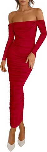 Prettygarden Womens 2025 Fall Long Sleeve Maxi Dress Of Counter Mesh Ruched Bodycon العصرية in Saudi Arabia
