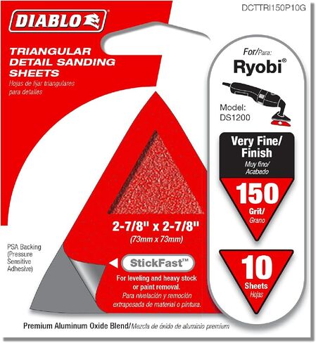 Diablo StickFast Triangular Detail Sanding Sheets for Wood, Plastics and Metal - 2-7/8" x 2-7/8", 150 Grit, Fine, Aluminum Oxide Blend, 10-Pack - DCTTRI150P10G in Saudi Arabia