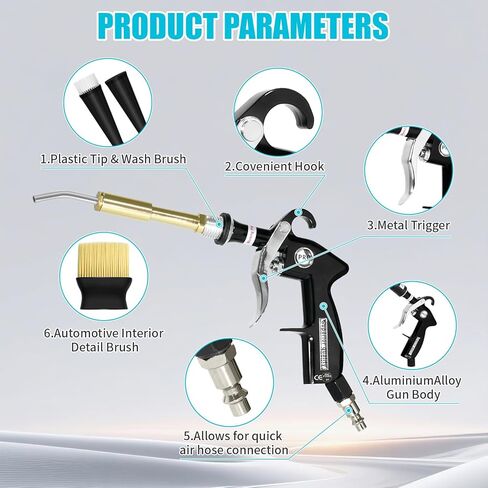 بندقية تنظيف السيارات عالية الضغط مع فوهتين وفرشاة ، مسدس ضربة الهواء للتفاصيل الداخلية ، أداة التنظيف الجاف لإزالة الغبار ، تعمل مع ضاغط الهواء فقط (لا حاجة إلى ماء) in Kuwait