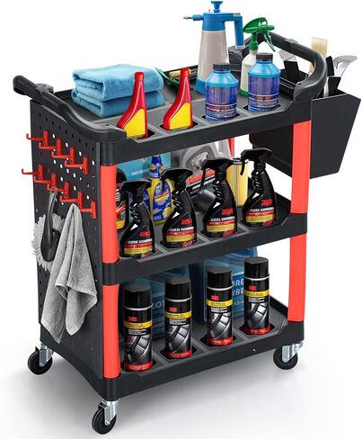 DWVO Rolling Auto Detailing Cart with Wheels & Hanging Bucket, 3-Tier Organizer with Hooks & Long Hanging Panel, Car Wash Utility Cart for Garage, Workshop, Repair Shop, DIY Home (17" D x 33" W) in Saudi Arabia