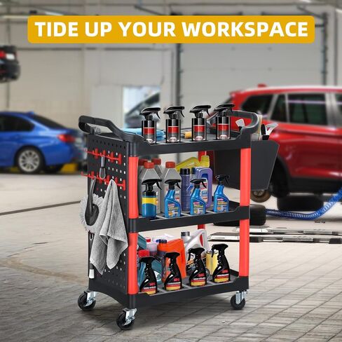 DWVO Rolling Auto Detailing Cart with Wheels & Hanging Bucket, 3-Tier Organizer with Hooks & Long Hanging Panel, Car Wash Utility Cart for Garage, Workshop, Repair Shop, DIY Home (17" D x 33" W) in Saudi Arabia