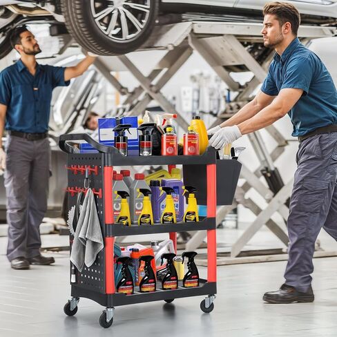 DWVO Rolling Auto Detailing Cart with Wheels & Hanging Bucket, 3-Tier Organizer with Hooks & Long Hanging Panel, Car Wash Utility Cart for Garage, Workshop, Repair Shop, DIY Home (17" D x 33" W) in Saudi Arabia