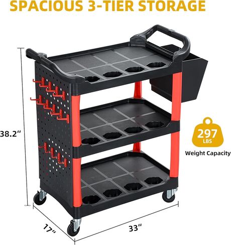 DWVO Rolling Auto Detailing Cart with Wheels & Hanging Bucket, 3-Tier Organizer with Hooks & Long Hanging Panel, Car Wash Utility Cart for Garage, Workshop, Repair Shop, DIY Home (17" D x 33" W) in Saudi Arabia