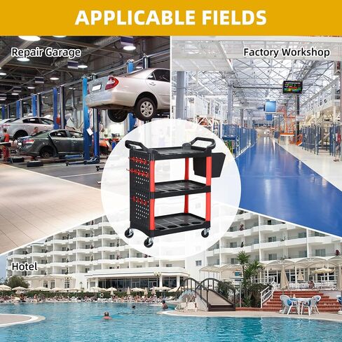 DWVO Rolling Auto Detailing Cart with Wheels & Hanging Bucket, 3-Tier Organizer with Hooks & Long Hanging Panel, Car Wash Utility Cart for Garage, Workshop, Repair Shop, DIY Home (17" D x 33" W) in Saudi Arabia