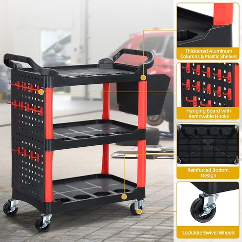 DWVO Rolling Auto Detailing Cart with Wheels & Hanging Bucket, 3-Tier Organizer with Hooks & Long Hanging Panel, Car Wash Utility Cart for Garage, Workshop, Repair Shop, DIY Home (17" D x 33" W) in Saudi Arabia