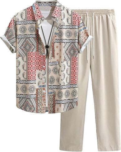 OYOANGLE Men's 2 Piece Outfits Paisley Print Button Down Short Sleeve Shirt and Drawstring Pants Set Resort Wear in Saudi Arabia